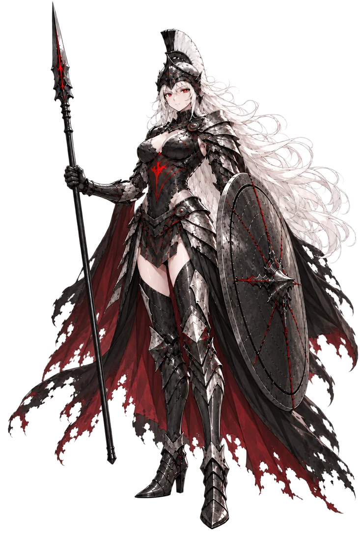 Afina in her original form, holding a spear and oval shield