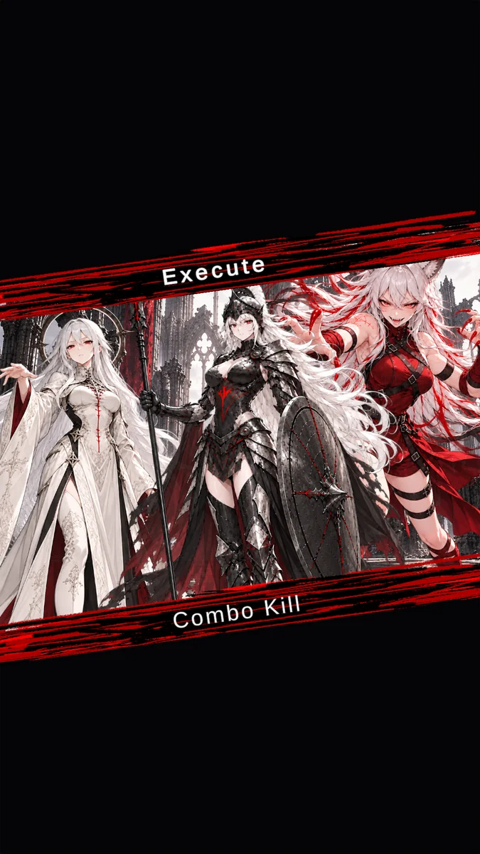 Development screenshot showing a three-hero combat-event banner inside Mortal Pawn