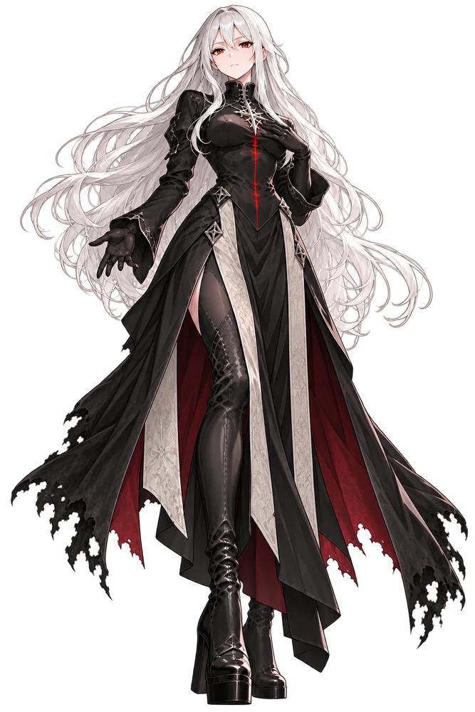 High Sister, a white-haired cleric in a long black dress